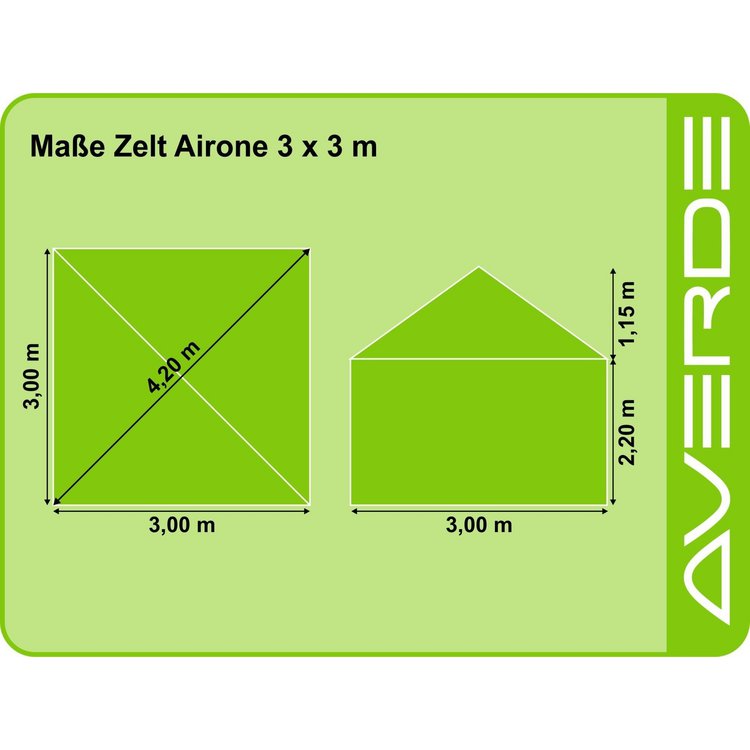 Zelt Airone 3,00 x 3,00 m mit Dachplane, grün, ohne Seitenplanen