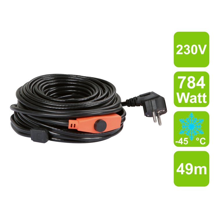 Frost-protection heating cable with thermostat, 49 m, 784 W